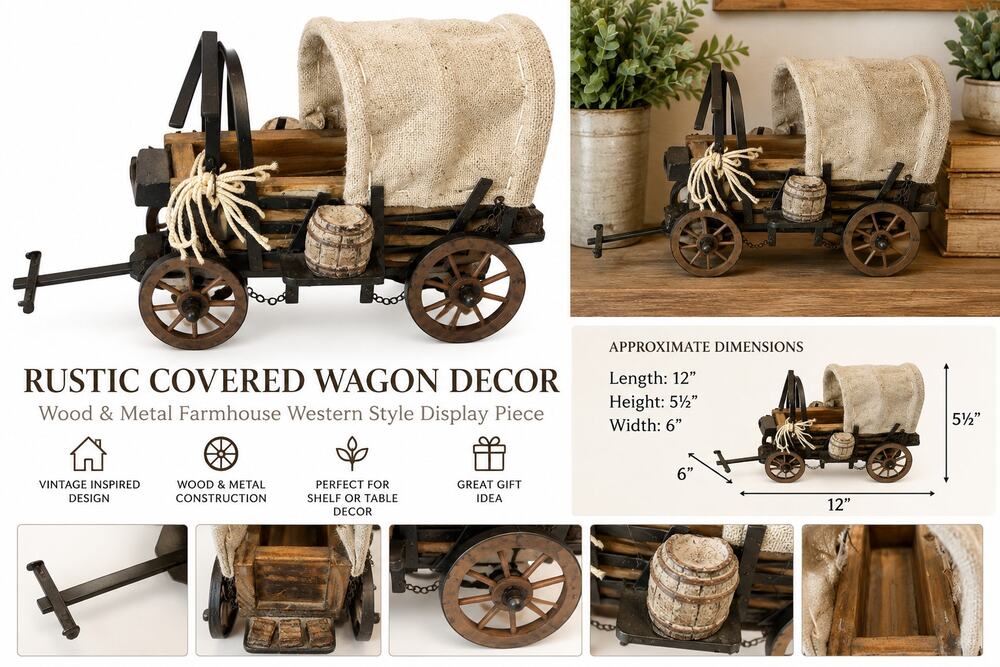 Rustic Covered Wagon Decor Wood Metal Western Pioneer Farmhouse Shelf Display